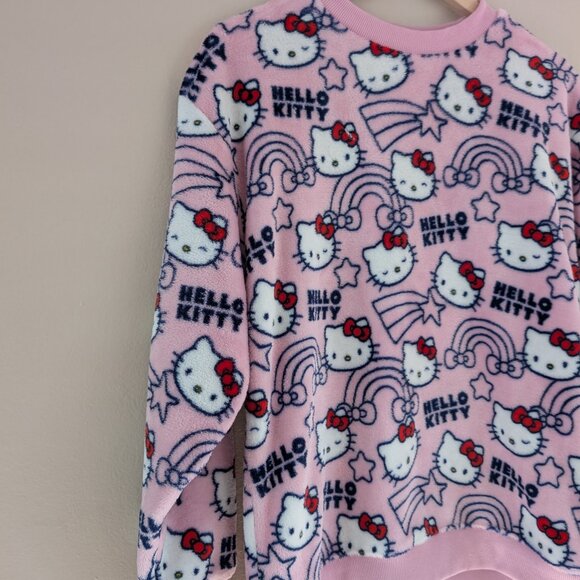Hello Kitty Pink Cozy Plush Long Sleeve Fleece Pajama Top Crew Neck Rainbows M - Picture 3 of 11